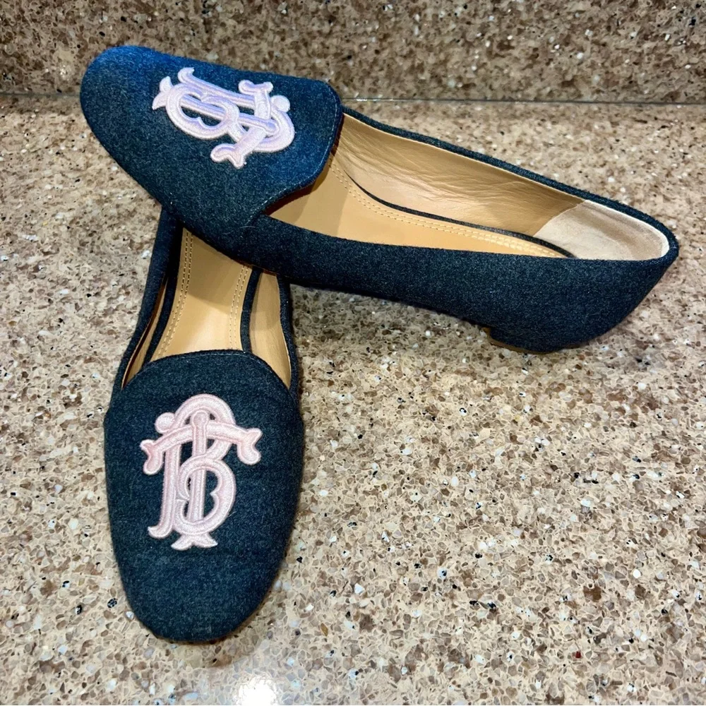 Tory Burch Black Felt Flats with Pink Logo